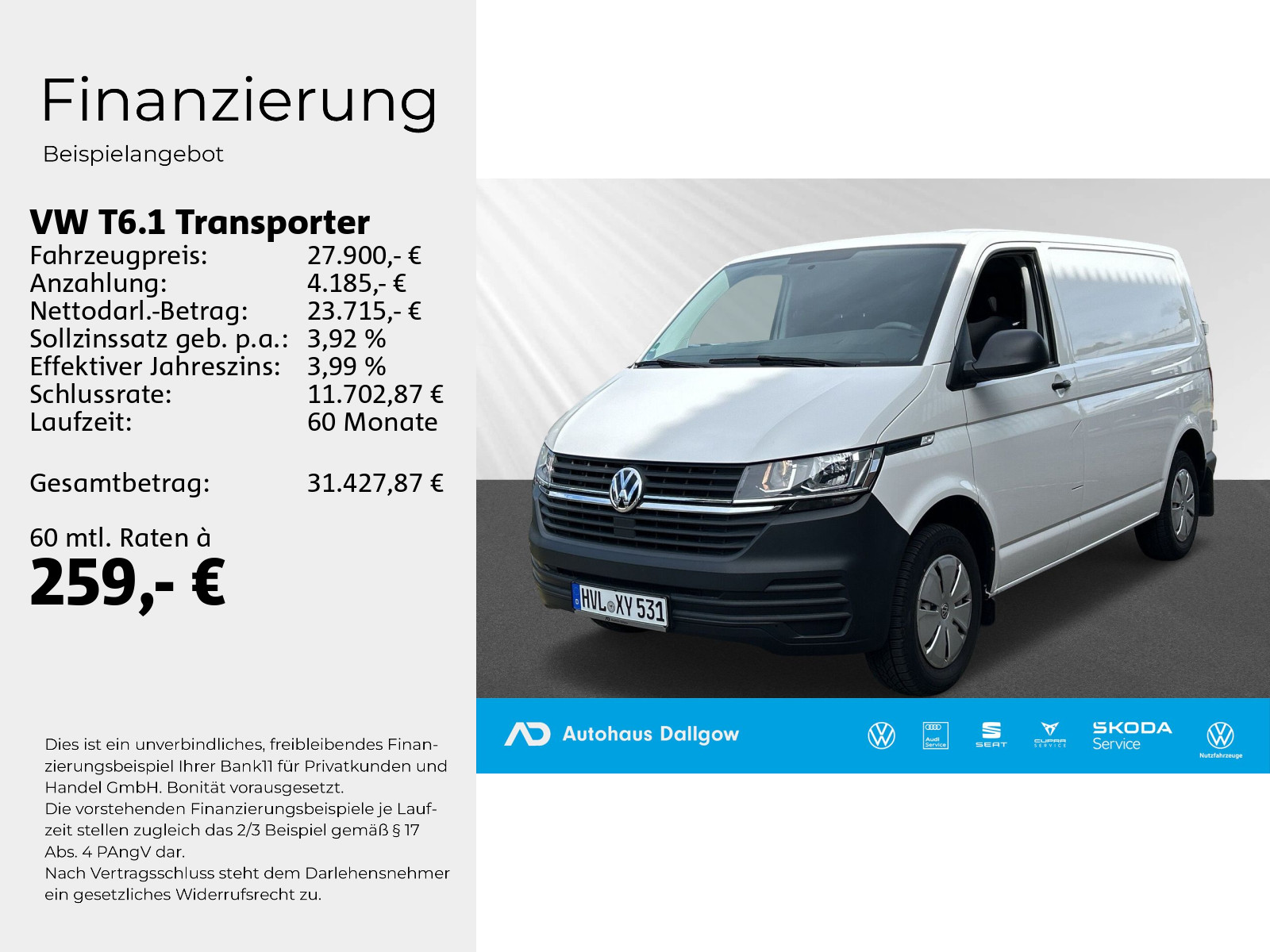 T6.1 Kasten KR 2.0TDI 5-Gang+Klima+Bluetooth+ BC
